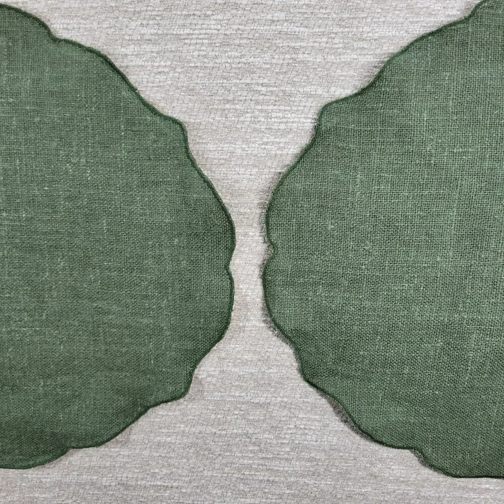 VTG Williams Sonoma Linen Placemats Sage Green Scalloped Edge Oval Set of 4